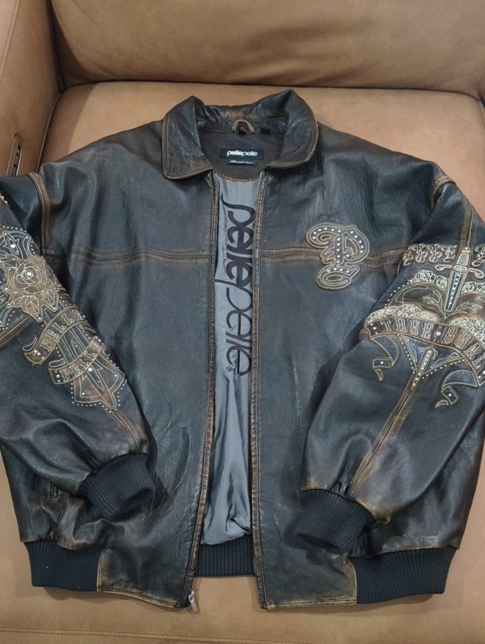 Pelle Pelle Black Leather Embroidered Studded Bomber Jacket